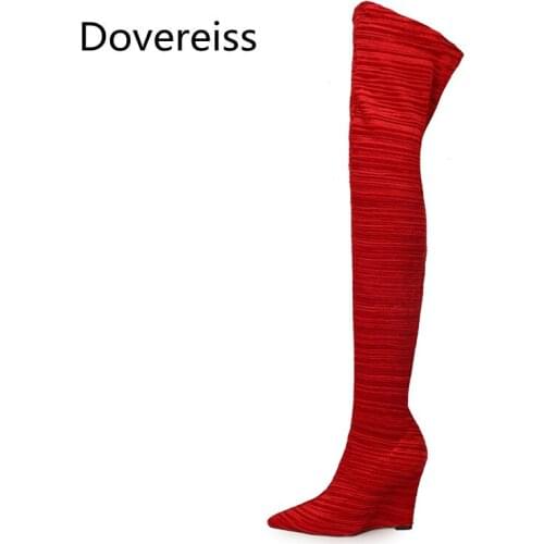Dovereiss Fashion shoes For Woman Winter Sexy Pure Color Red Pointed Toe Elegant Over The Knee boots Mature 34-43