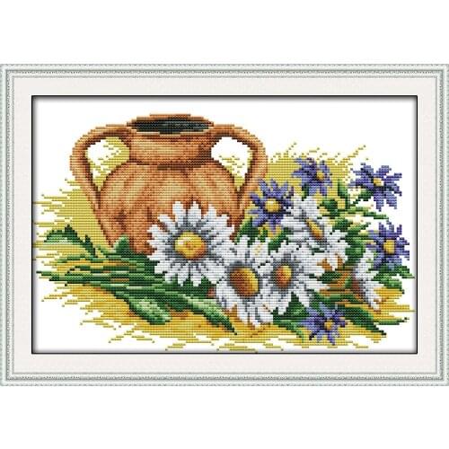 Joy Sunday Daisy And Pot Chinese Cross Stitch Kits Ecological Cotton Clear Stamped Printed 14CT DIY Wedding Decoration For Home