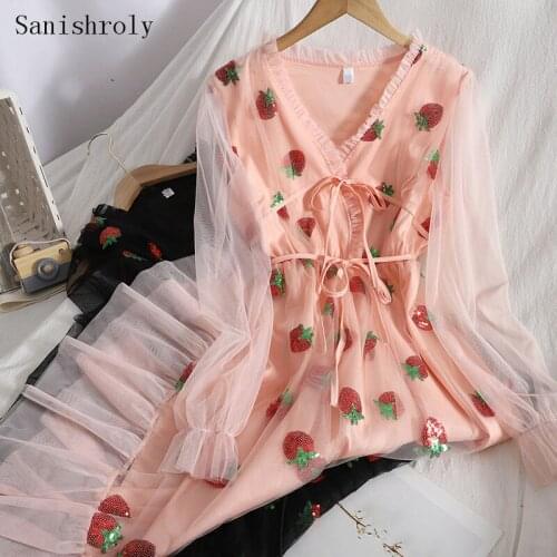 Strawberry Sequined Dress 2021 Spring Women V Neck Long Sleeve Ruffles Lace Mesh Dress Ladies Long Tie Bow Party Fairy Dresses