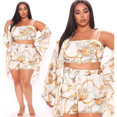 Plus Size Women Casual Three Pieces Sets 2021 Summer High Waist Mini Shorts + Spaghetti Strap Tank Tops + Loose Cardigan Outfits