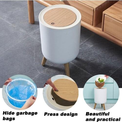 Creative High-foot Trash Can Round Rubbish Bin Bathroom Kitchen Dustbin with Press Lid Non-slip Mat