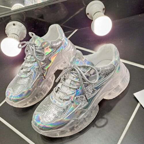 Luxury Rose Gold Silver Women Sneakers Clear Heels Trainers With Crystal Round Toe Flat Casual Shoes Woman Lace Up Brand D8-37