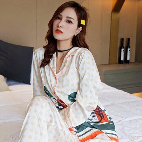 Fashion Personality Sleepwear Set Silk Spring Summer Pajamas Women Polka Dot Print Ladies Outer Wear Pijamas Loose Pyjama Suit