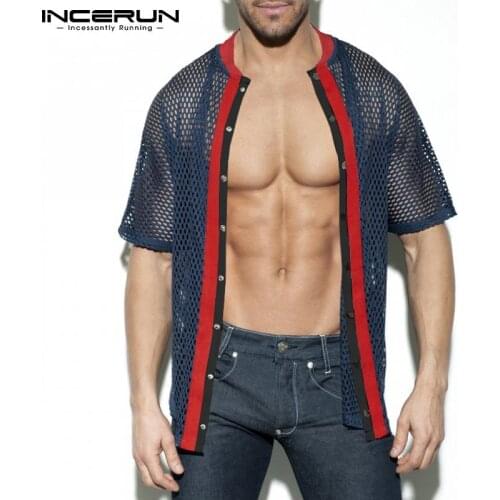 INCERUN Men Mesh Shirt See Through Patchwork Crew Neck Short Sleeve Men Clothing 2021 Streetwear Breathable Button Casual Camisa