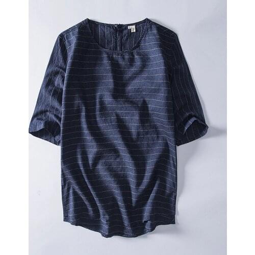 Mens Pullover Cotton Linen Shirts Short Sleeve Mens Casual Shirts Slim fit Striped Round Collar Cotton Shirts Men Tops TS-387