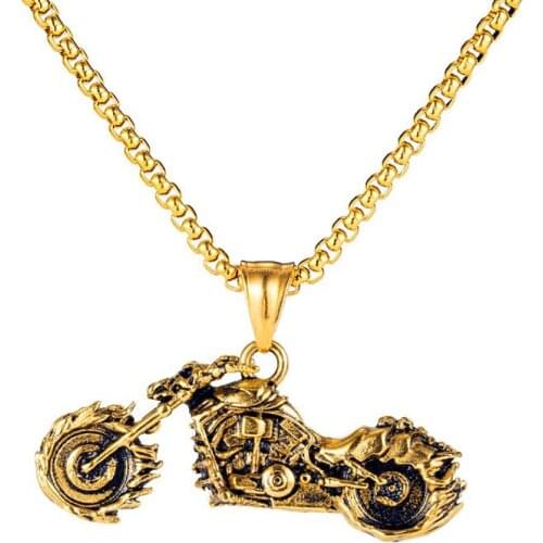 Stainless Steel Vintage Gold Motorcycle Skull Biker Men Punk Rock Pendant Necklace Jewelry with Chain For Him