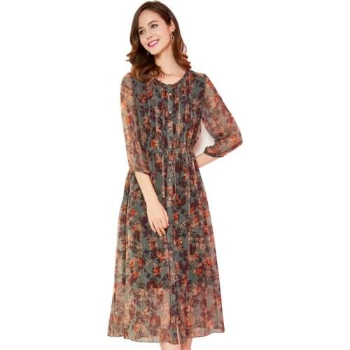 New womens simple elegant printing waist show thin mulberry silk dress