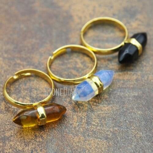 RM11540 10Pcs Cheap Black Glass, Glass Crystal, Opal Ring Pure Gold Color Faceted Double Point Ring Adjustable