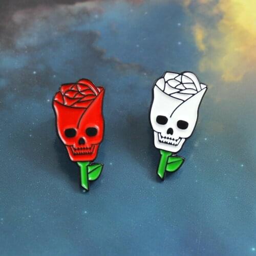 Rose Skull Brooch White Red Couple Skeleton Rose Leaf Enamel Pin Denim T-shirt Dress Badge Death Love Couple Romantic Punk Gift