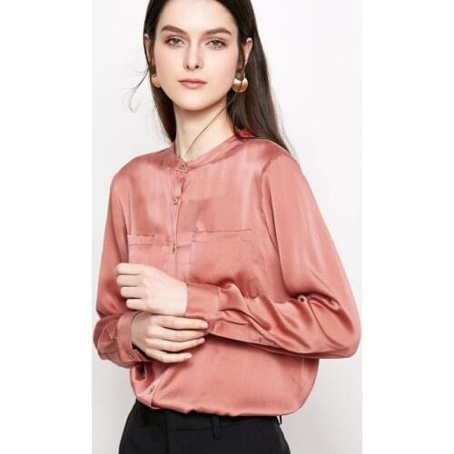 Women 19M Real Heavy Silk Shirt Long-sleeve Stand Collar Top 100% Mulberry Silk Satin Pockets Blouse M L XL FREE SHIPPING