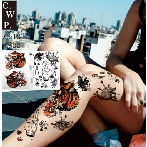 OS12 1 Piece Blackwork Temporary Tattoos Tiger Head Traditional Tattoo New School Old School Tattoo
