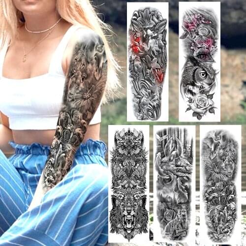 Realistic Lion Full Flower Arm Temporary Tattoos For Men Women Fake Rose Owl Pigeon Tattoo Sticker Water Transfer Tatoo Body Art