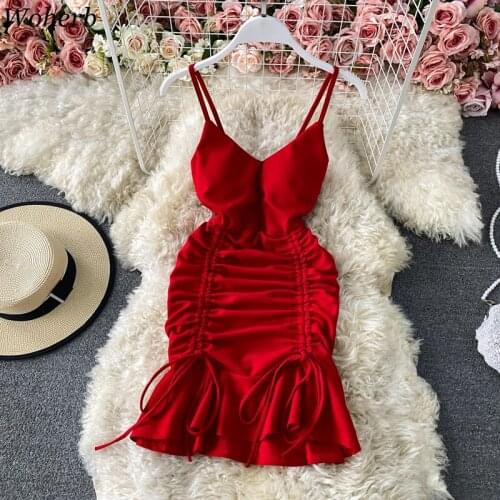 Woherb Spaghetti Strap Sexy Mini Dress Women Bandage Pleated Elegant Party Club Robe 2021 Ropa De Mujer Bodycon Dresses