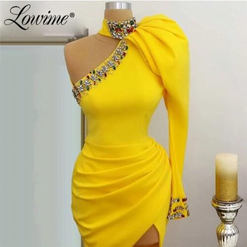 Yellow One Shoulder Evening Dresses With Crystals Evening Gowns Dubai Arabic Party Dress Middle East High Split Side Prom Gowns