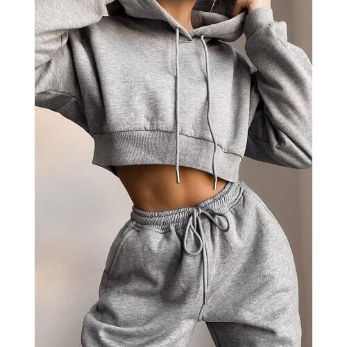 Women Fashion Casual Two-Piece Set Sport Wear Solid Hooded Drawstring Cropped Top & Pants Set