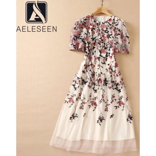 AELESEEN Luxury Summer Women Dress 2021 Runway Fashion Red Flower Embroidery Mesh Long Elegant Party Beach Dresses