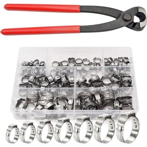 140PCS/Set Car Fuel Water Hose Pipe 5.8-21mm 304 Stainless Steel Single Ear Hose Clamp + 1PCS Hose Clip Clamp Pliers