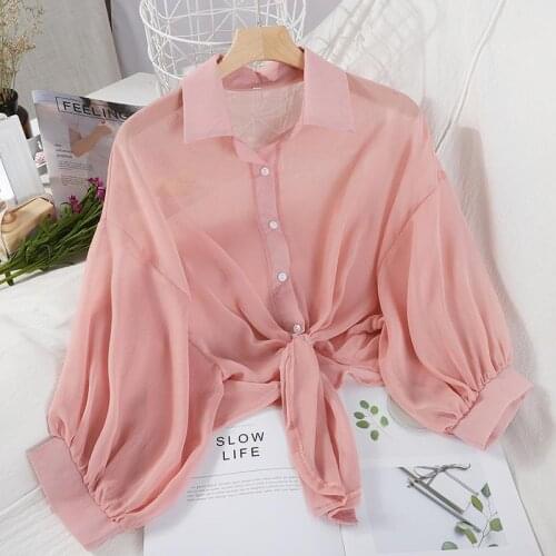 Women New Chiffon Sunscreen Shirts Ladies Korean Style Solid Color Blouse Outwear Loose Half Sleeve Thin Elegant Blouse Top L110