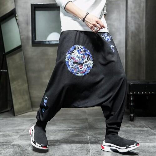 Retro Chinese Embroidery Men Pants Harem Cotton Linen Crotch Trousers Wide Leg Loose Casual Hip-Hop Long Pants Men 2020 TA1870