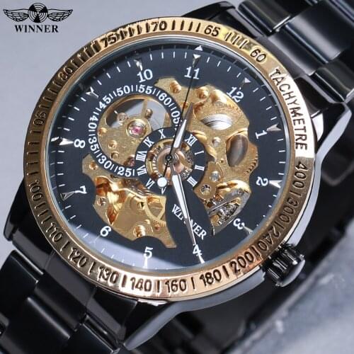 WINNER New Black Mens Skeleton WristWatch Stainless steel Antique Steampunk Casual Automatic Skeleton Mechanical Watches Male