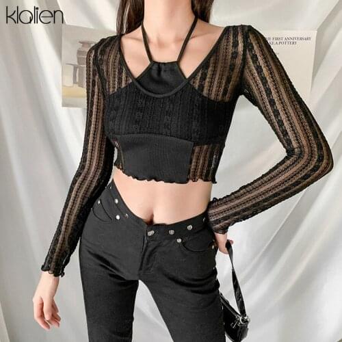 KLALIEN Fashion Sexy Lace Knitted Patchwork See Through Female T shirt Autumn Casual Office Lady Street slim Solid T Shirt Women