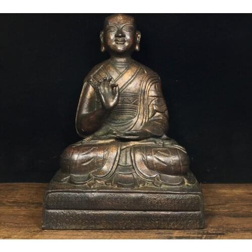 9"Tibet Temple Collection Old Bronze Cinnabar Lacquer Northern Wei Buddha Tsongkhapa Sitting Buddha Enshrine the Buddha