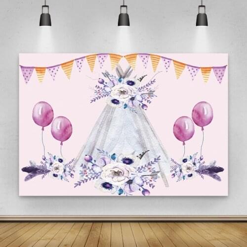 Laeacco Baby Shower 1st Birthday Party Decor Photography Backdrop Watercolor Tent Balloons Flowers Photo Background Photo Studio