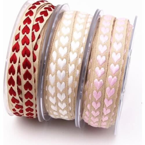 10mm pink red white woven peach heart ribbon made of polyester for wedding decoration gift wrapping Bows DIY Crafts Accessories