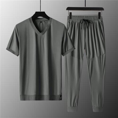 Summer ice silk V-neck short-sleeved T-shirt large size sports suit mens quick-drying thin two-piece loose casual suit