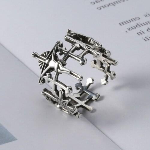 New Punk Jesus Cross Rings Fashion Metal Gothic Style S925 Silvery Jewelry For Men Women Party Halloween Gifts Opening Ring
