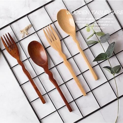100set/lot Natural Wooden Spoon and Fork Set Kitchen Cutlery Food Salad Fruit Tableware Handmade Fork Spoon Set For children