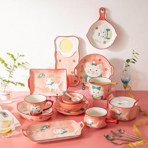 Dishes Set Kitten Creative Childrens Students Bowl Instant Noodle Bowl Household Breakfast Plate Ceramic Tableware
