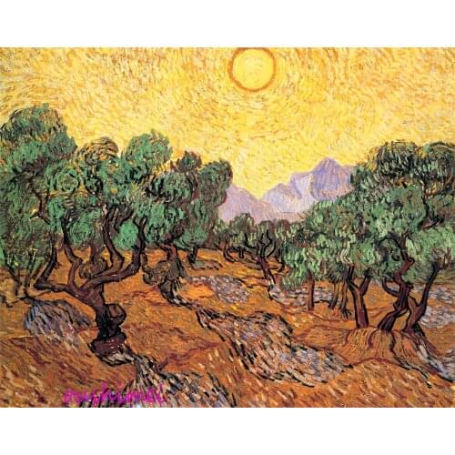 Wholesale Handmade Olive Garden in the Mountain Under the Sunshine Oil Paining on Canvas by Skillful Painter for Home Decor