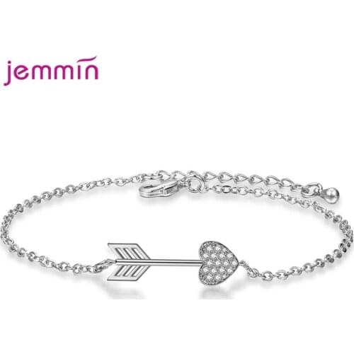 Simple Style Bight Crystal Cubic Zircon Cupid Arrow Heart Shape Genuine 925 Sterling Silver Bracelet For Lovers Christmas Gift