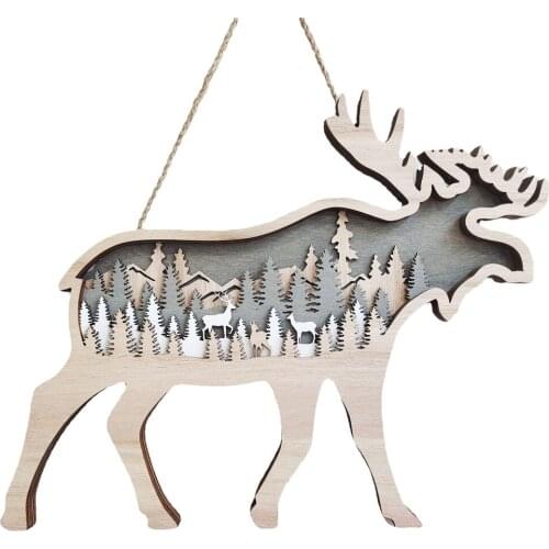 Christmas Decoration Wooden Laser Carving Crafts Hollowed Small Elk and Brown Bear Cute Hanging Ornaments Home Decor Accessories