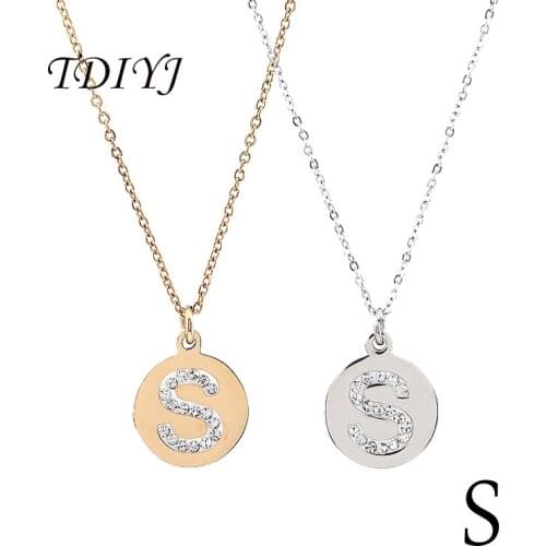 TDIYJ New Design Fashion Mixed Stainless Steel S Tiny Initial Letter Necklace Round Pendant with Crystals 2pcs/lot