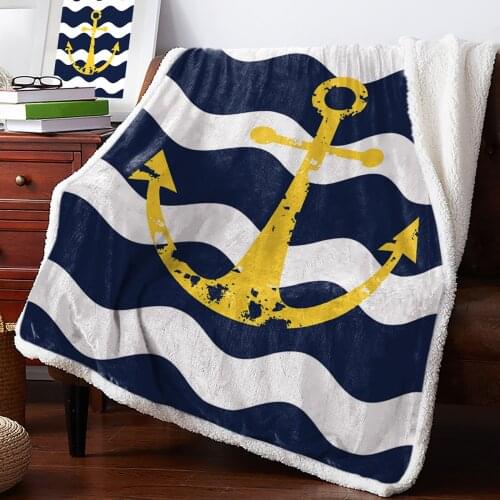 Navy Blue Ripple Yellow Anchor Throw Blanket Soft Fleece Blankets Winter Blanket Portable Picnic Blankets Bedclothes