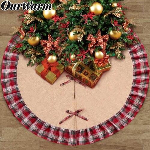 OurWarm Burlap Plaid Christams Tree Skirt 48inch Red Ruffle Edge Cover Base Decoration Xmas Tree Cover Decor New Year Decoration
