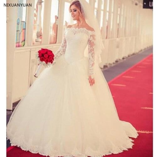Vintage Tulle Full Sleeve Boat Neck Ball Gown Wedding Dresses 2021 Princess Lace up Back Sweep Train Wedding Gowns