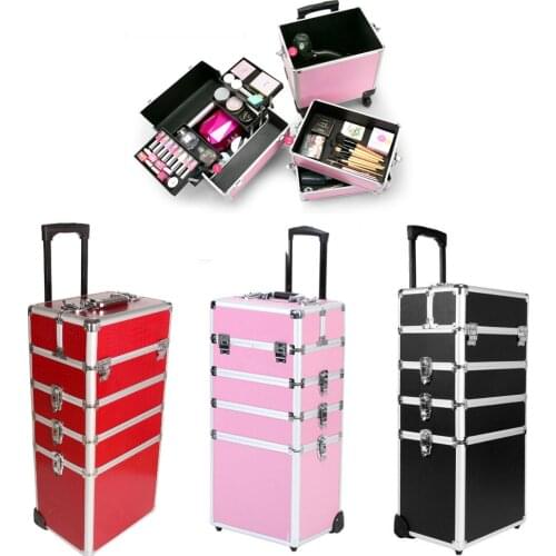 Yonntech 4 in 1 Aluminium Makeup Trolley Cosmetic Case Large Storage Box Makeup Nail Art Beauty Cosmetic Vanity Case Pull Box