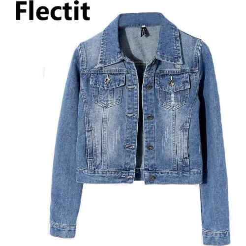 Flectit Women Classic Cropped Denim Jacket Slim Jeans Jacket Female Autumn Winter Casual Basic Jackets & Coats