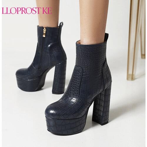 Lloprost ke Fashion Women Ankle Boots Block Super High Heel Platform Party Office Lady Winter Shoes 2021 Plus Size 34-43 Blue