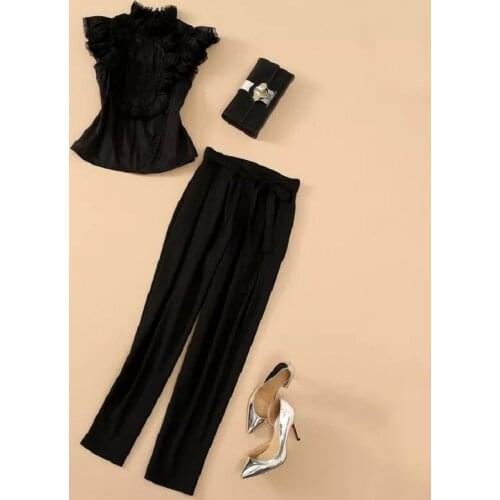 2021 Summer Fashion Pant Sets High Quality Women Lace Patchwork Sexy Black Tops+Skinny Leggings Pants Sets 2 pc Runway Sets