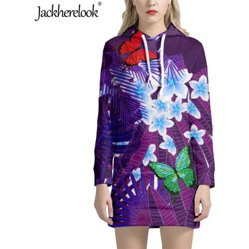 Jackherelook Womens Long Hoodies Dresses Polynesian Hibiscus Butterfly Print Loose Sweatshirt Long Sleeve Hooded Female Tops