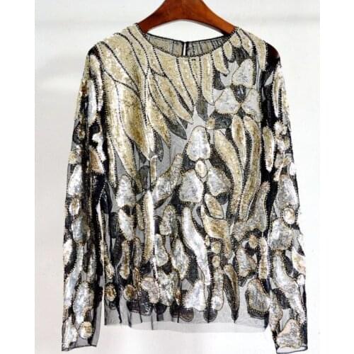 Women Sexy Lace Tops O-neck Long Sleeve Perspective Sequins Blouse Spring Autumn Womens Tops