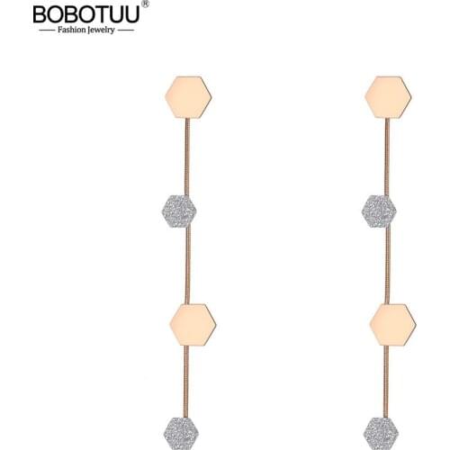 BOBOTUU Trendy Bohemia Rose Gold Geometry Hexagon Titanium Stainless Steel Tassel Drop Earrings For Women Summer Gift BE19127
