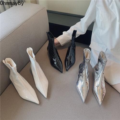 Winter Women Boots Woman Sexy Pointed Toe Thin Heels Ankle Booties Zipper Fashion White/Black 2021 Autumn Ladies Shoes