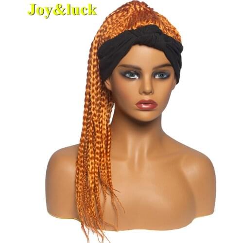 Joy&luck Headband Wig Long Box Briaded Wig Wrap and Wig Linked Turban Wig Synthetic Hair Wig for Women