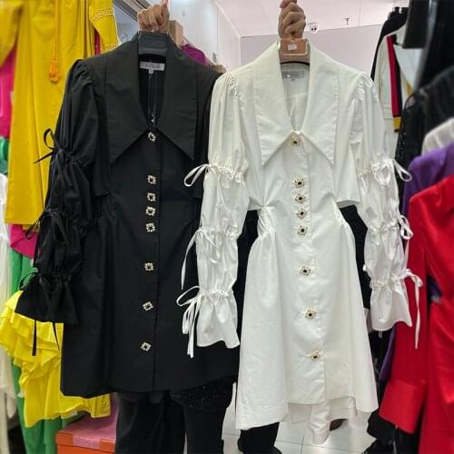Womens dress 2021 new French drawstring design leaky waist polyester cotton shirt collar dress black white