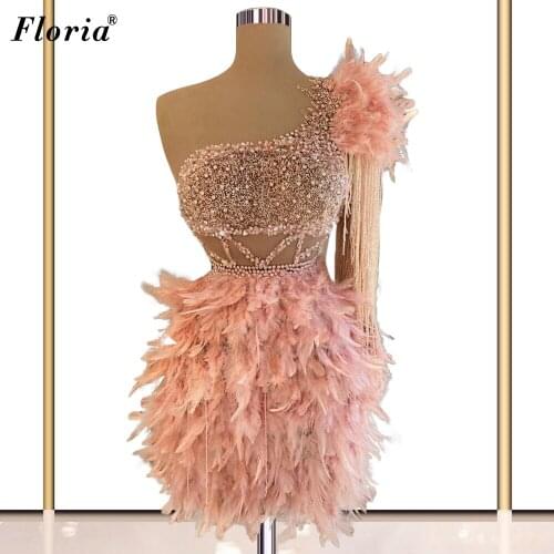 Pink Feathers Prom Dresses 2021 Cute Pearls Cocktail Party Dresses Evening Wear Dance Performance Gowns For Women Robe Femme